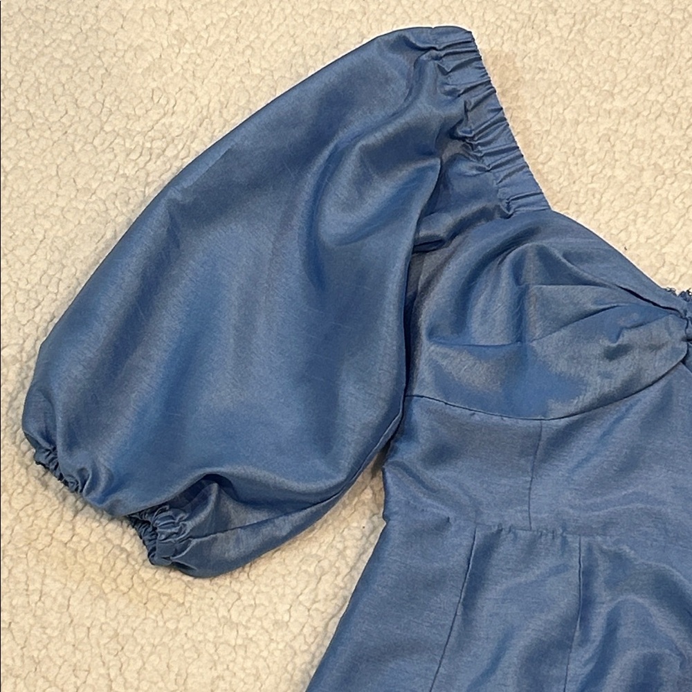 Anthropologie Hutch Twist Front Dress XS Puff Sleeve Ruffle Hem Sky Blue Midi - Picture 4 of 17